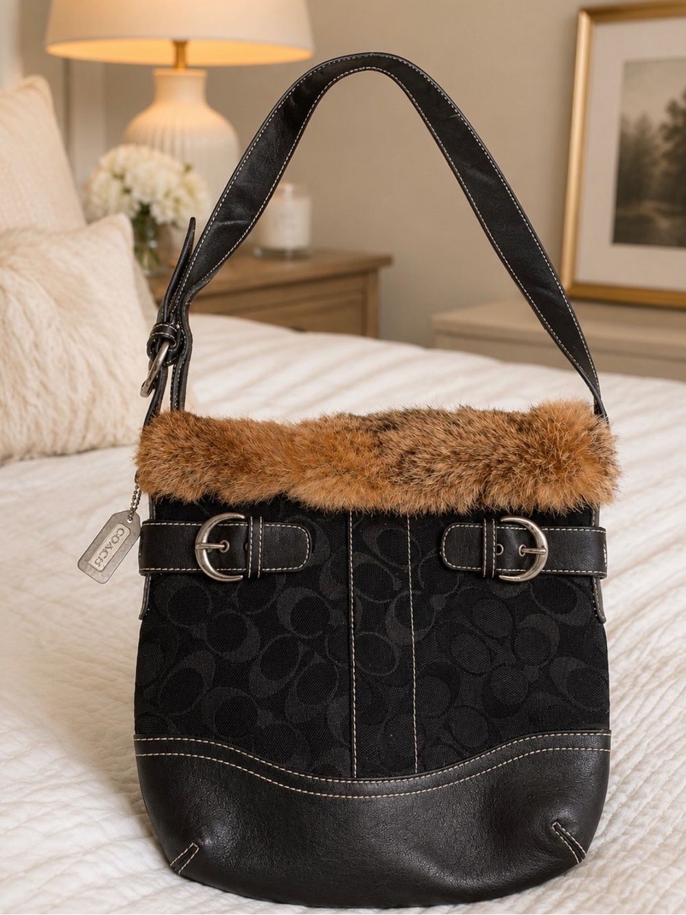 Y2K fur Coach Black Signature Canvas Hobo with Brown Fur Trim